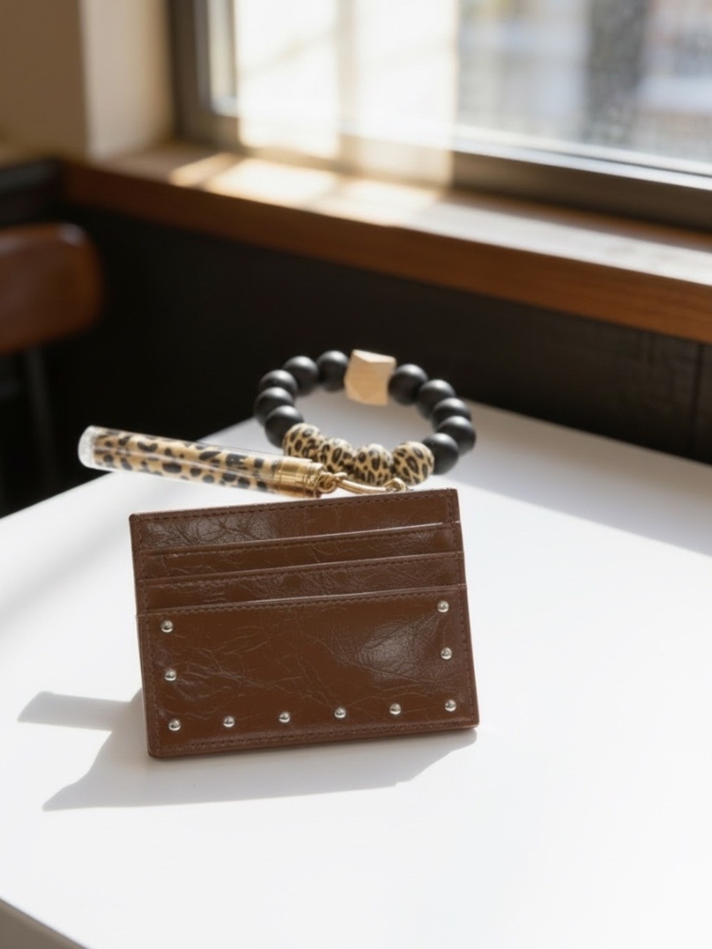 Brown Card Holder Wallet Beaded Leopard Wristlet Keychain